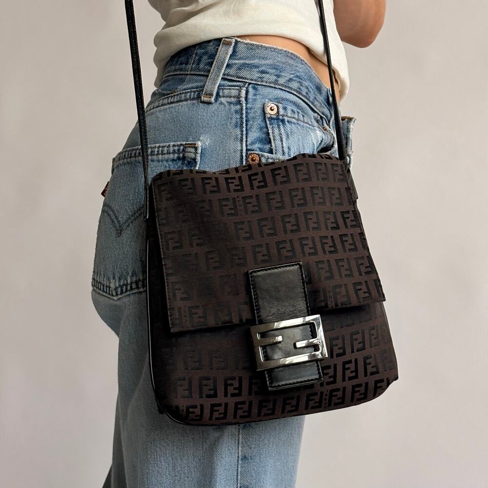 Vintage Fendi Zucchino Black & Brown Mama Baguette Bag
